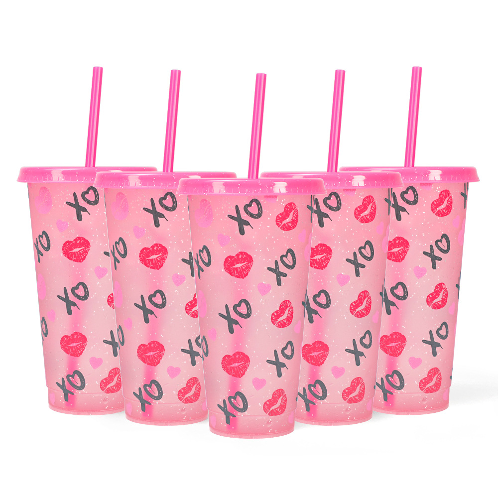 New Valentine's Day style, cold-resistant color-changing plastic cup, high appearance level glitter color-changing straw cup in stock, cross-border wholesale Item Picture