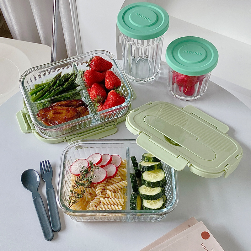 Boli Mei InS-style high borosilicate glass lunch box with divider, rice bento box, fresh-keeping bowl wholesale, microwave oven with meals full figure