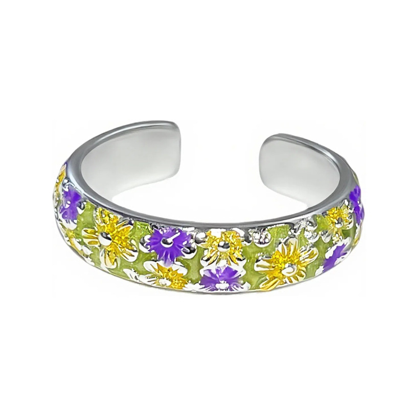 A colorful enamel relief peach blossom sweet ring with a cold and elegant female style, a retro Chinese style and a versatile charm Item Picture