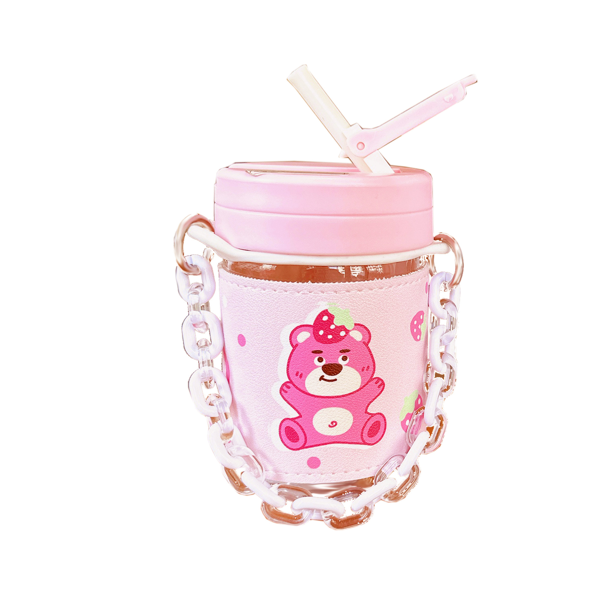 Cute girl plastic cup, high appearance level, bear pink straw cup with leather case, heat-resistant, portable girls' bracelet water cup Item Picture
