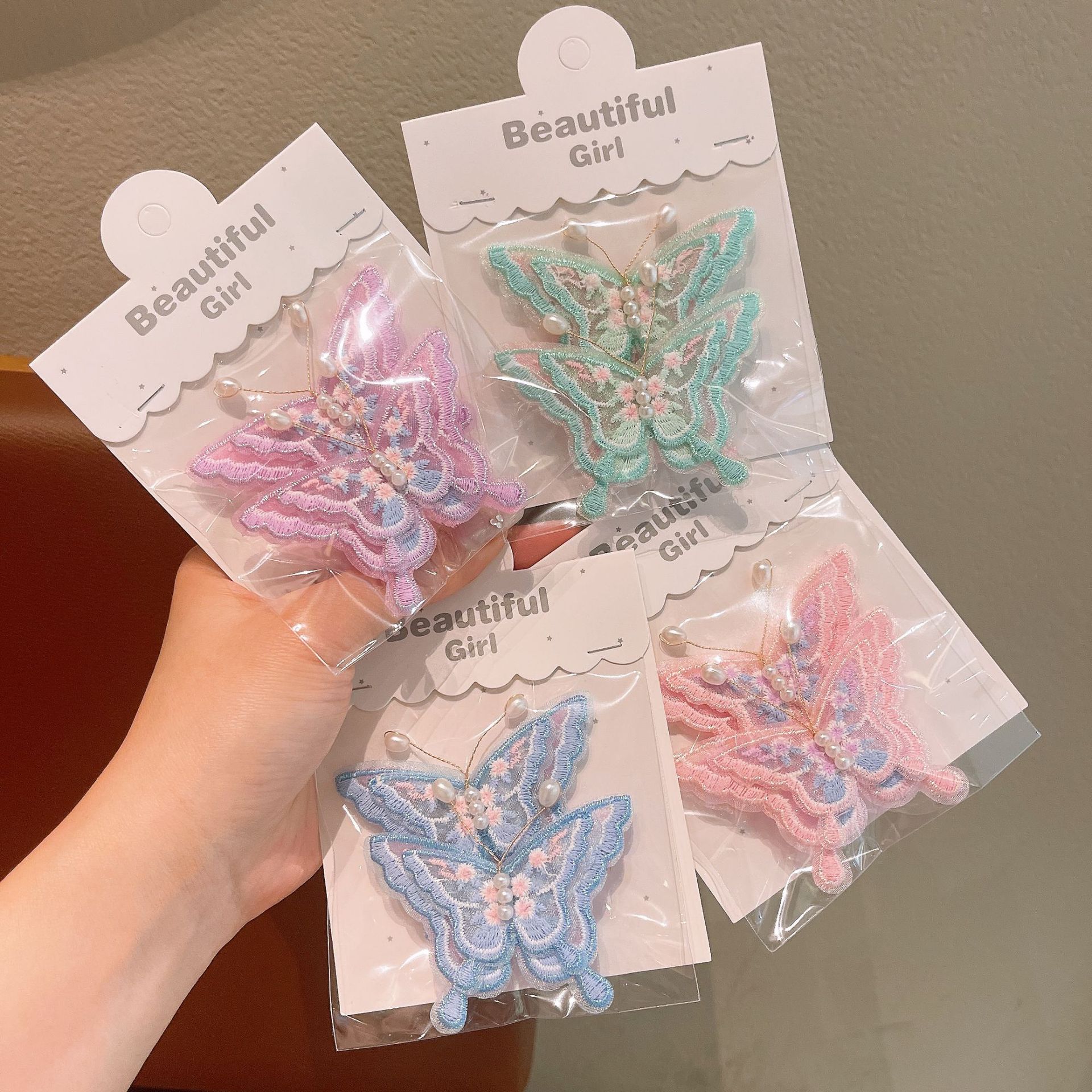 Cute cartoon mesh, pearl embroidery, butterfly posts, lace sequins, Velcro accessories, hair clips, self-adhesive fabric stickers details Picture