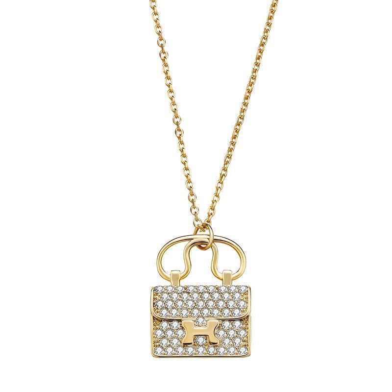 Korean-style light luxury H-letter bag, full diamond pendant necklace, women's Instagram trendy style collarbone chain, high-end feel, Internet celebrity necklace Item Picture