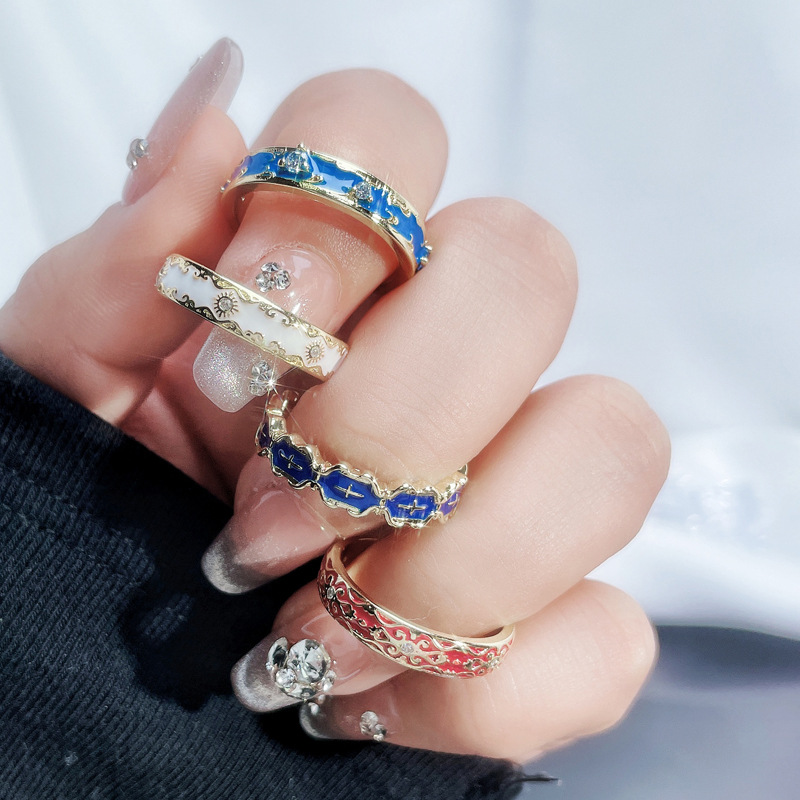New Chinese-style national trend retro drip glaze open ring, a niche design for women, sweet and cool, individual, versatile and elegant ring full figure