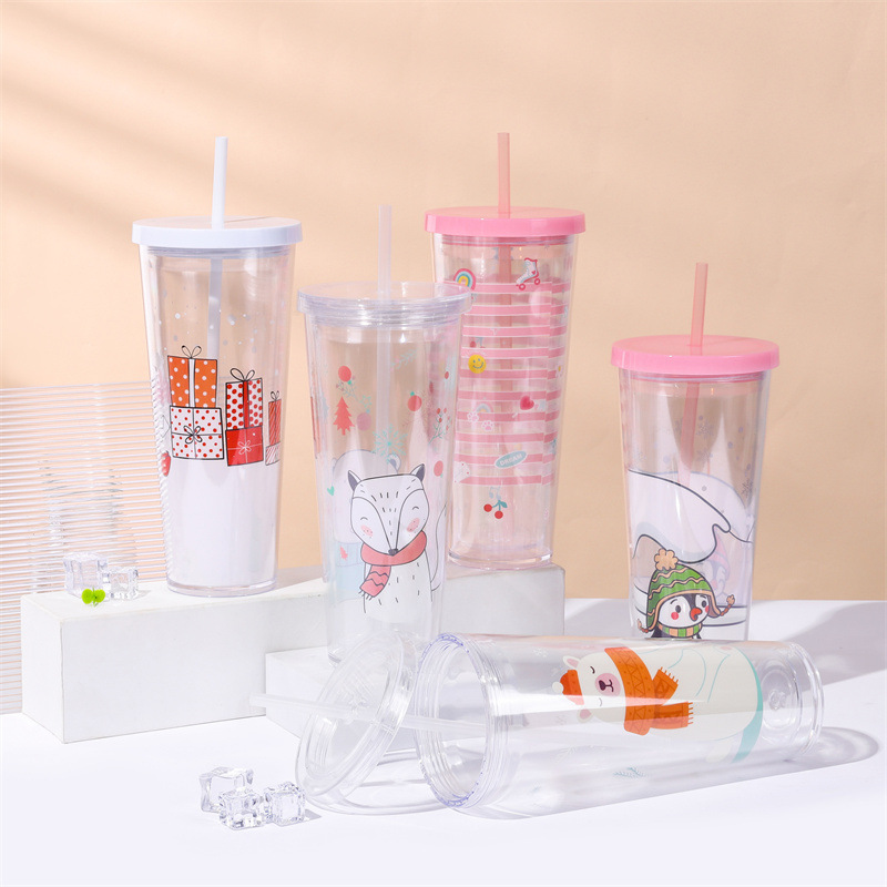 Cross-border exclusive cartoon straw cup, large-capacity double-layer insulated drinking cup, cute animal print covered water cup details Picture