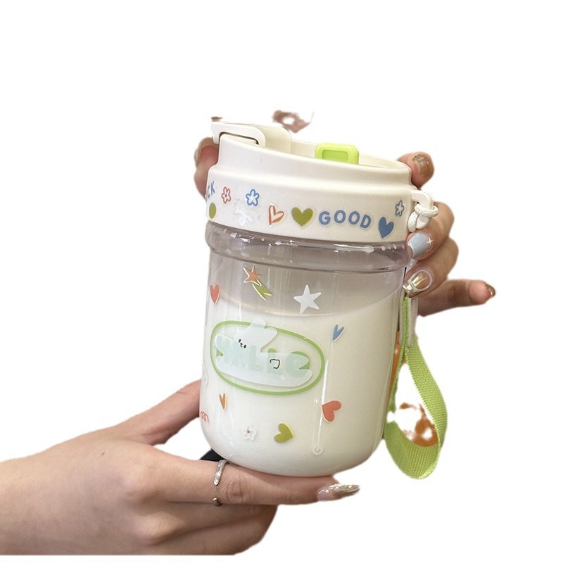 New water cup with large capacity, cute Instagram stickers, portable straw cup for girls, summer cartoon double-drinking plastic cup Item Picture