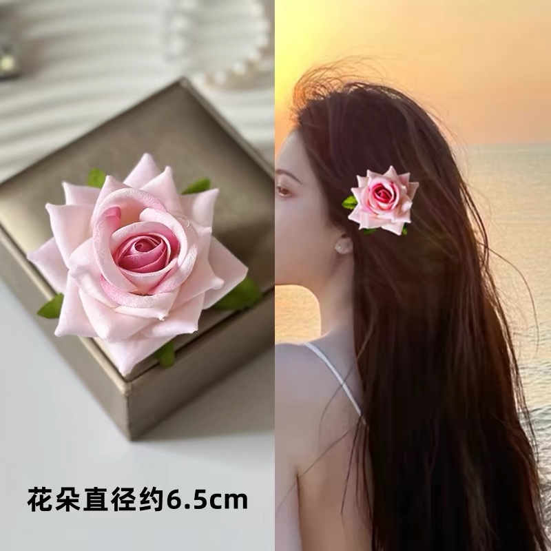 French retro red rose simulated flower hairpin brooch, with a girlish and niche design, fringe seaside clip and duckbillon clip Specification drawing