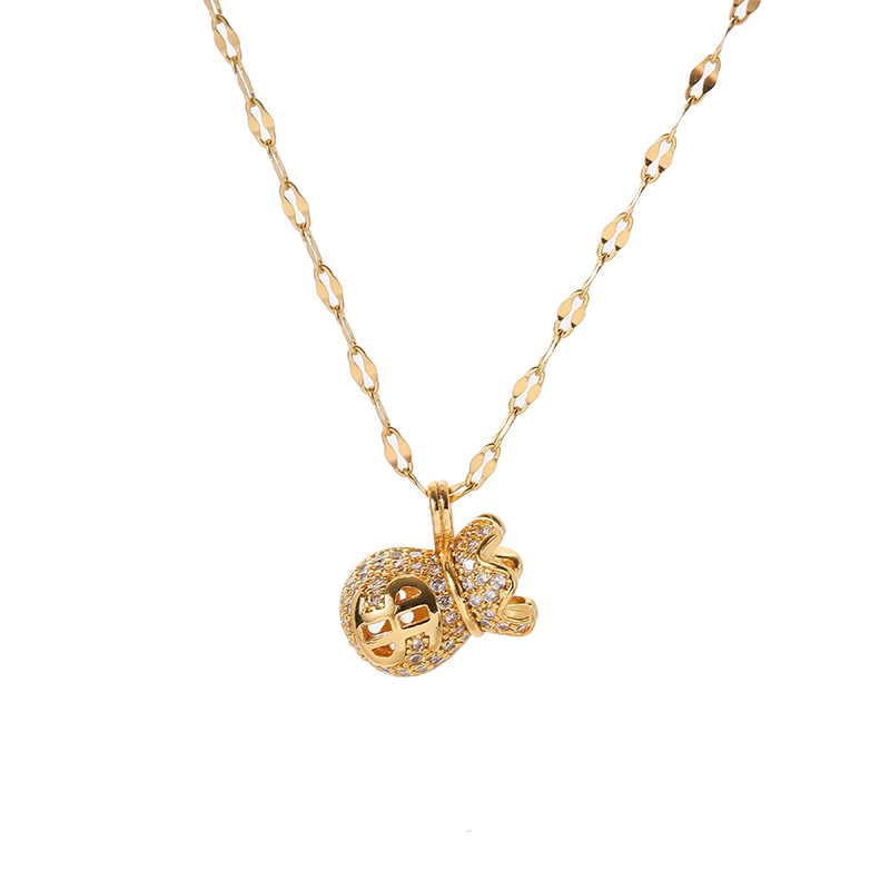 A fashionable and light luxury gold small money bag necklace with full diamonds, a high-end touch for women in summer, a gold-plated collarbone chain, a versatile accessory for Internet celebrities Item Picture