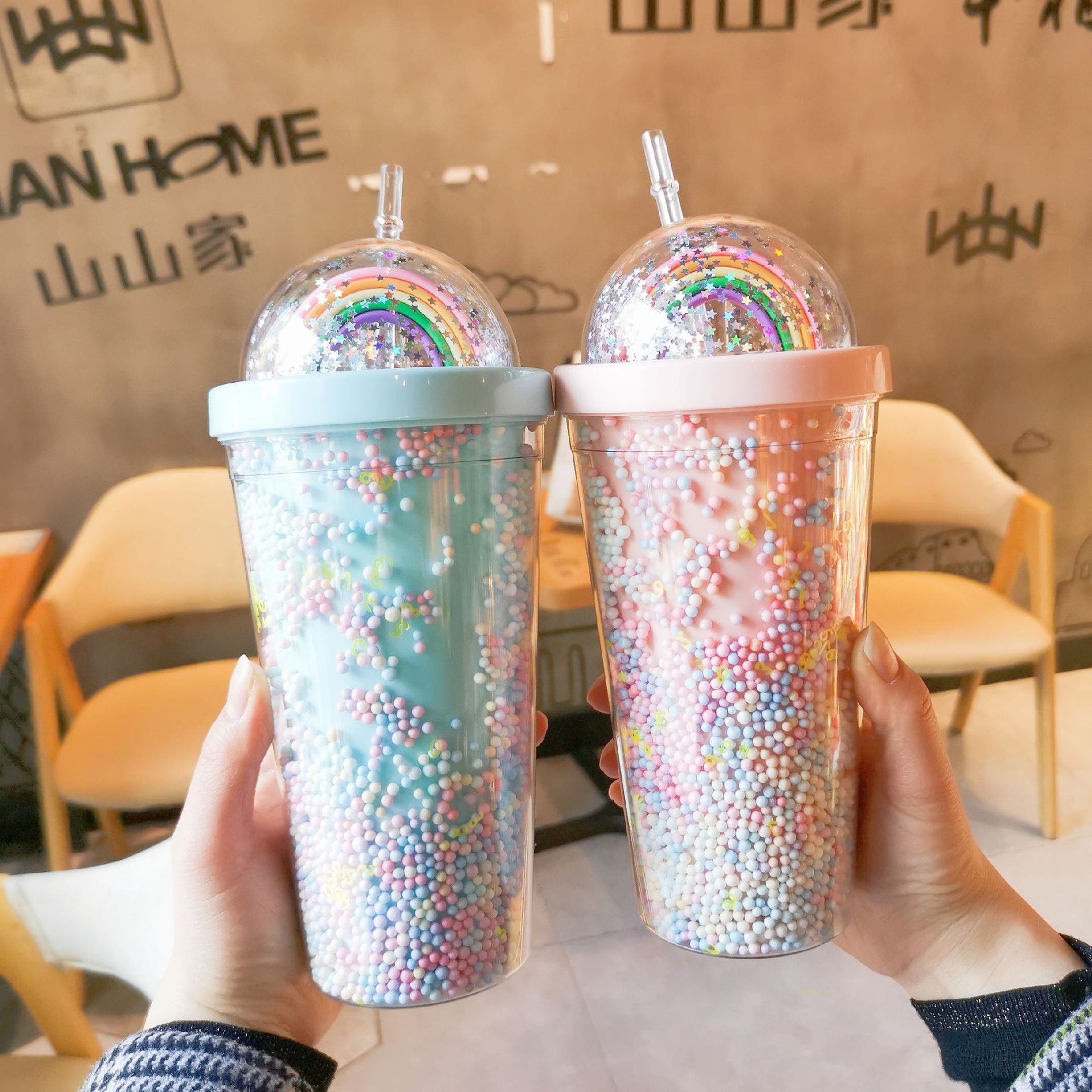 Korean version plastic cup, double-layer with straw, popular Instagram water cup, teenage girl's home, office, breakfast, milk and juice cup full figure
