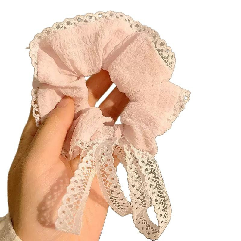 Korean-style gentle bow, large intestine hair band, high-end feminine pink ribbon, lace ribbon, hair rope, hair accessory and headwear Item Picture