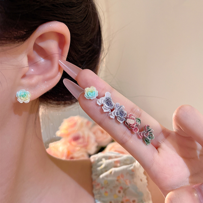 Summer fresh and light dopamine colorful flower stud earrings, women's vacation style, fashionable and versatile, elegant set earrings and earrings details Picture