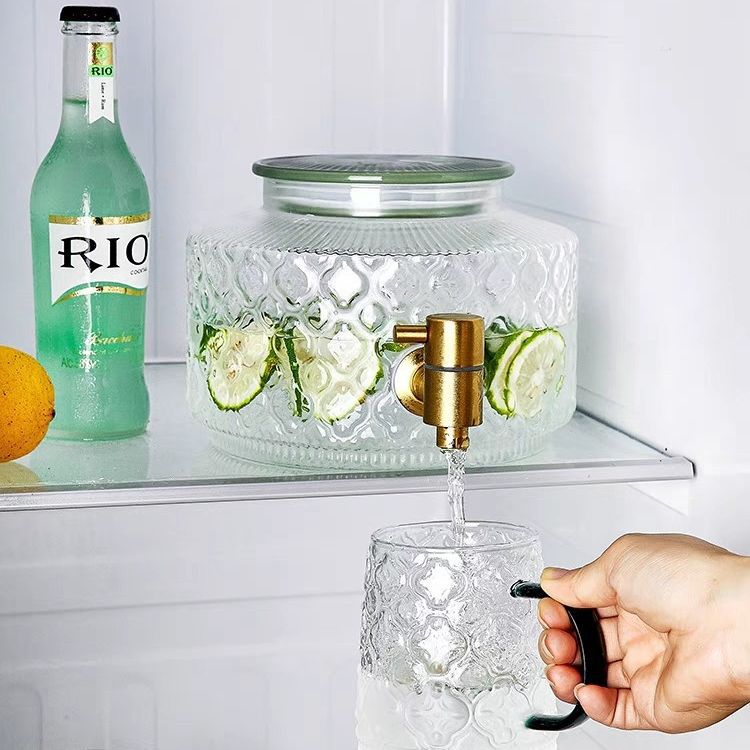 Hibiscus glass refrigerator, cold water bottle with faucet, summer cold-resistant fruit tea bucket, high-temperature resistant ice juice beverage bucket full figure