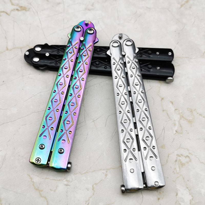 Novice butterfly knife practice knife, stainless steel ornamental knife, no sharp edge, portable, reversible and deformable outdoor equipment details Picture