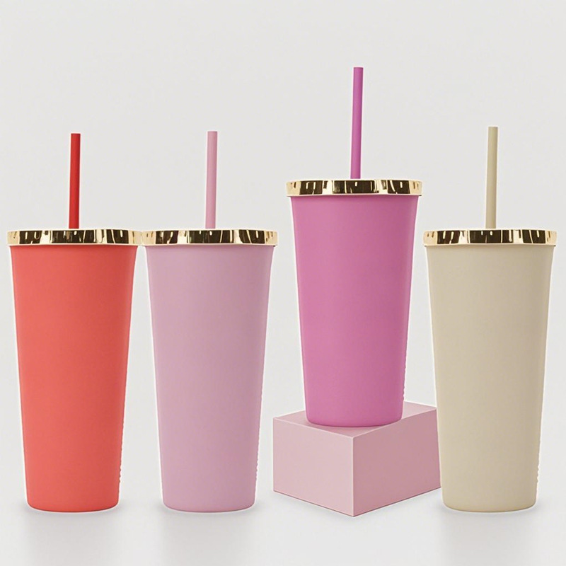 Cross-border Amazon factory direct supply double-layer plastic cups, rose gold lid straw cups, simple solid-color plastic water cups Specification drawing