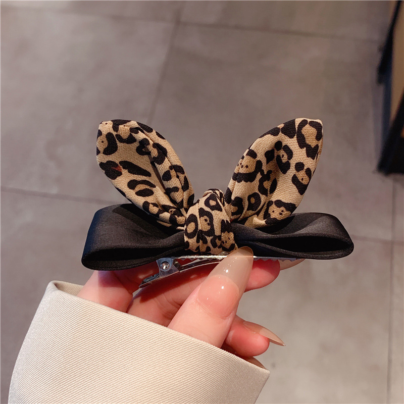 French leopard print rabbit ear hairpins for women, one-line bangs top clip, Korean broken hair side clip, popular hairpin headwear Specification drawing