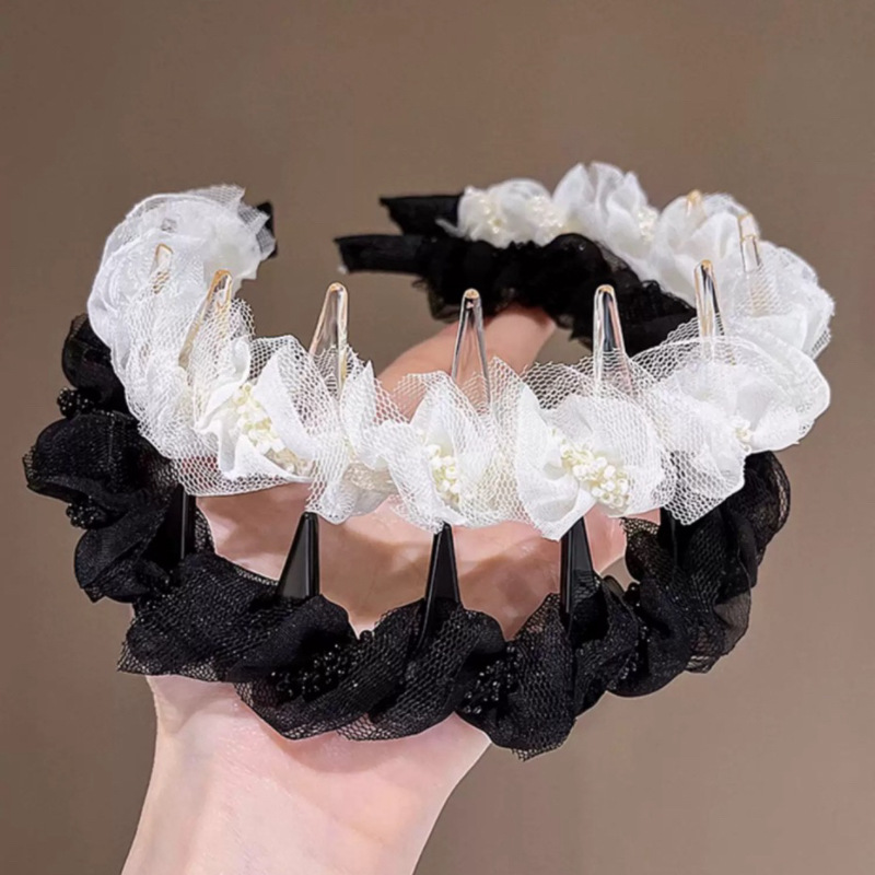 Sweet mesh pleated beaded headband, elegant inverted anti-slip headband, toothed hair tie, hair accessory, high-end headwear details Picture