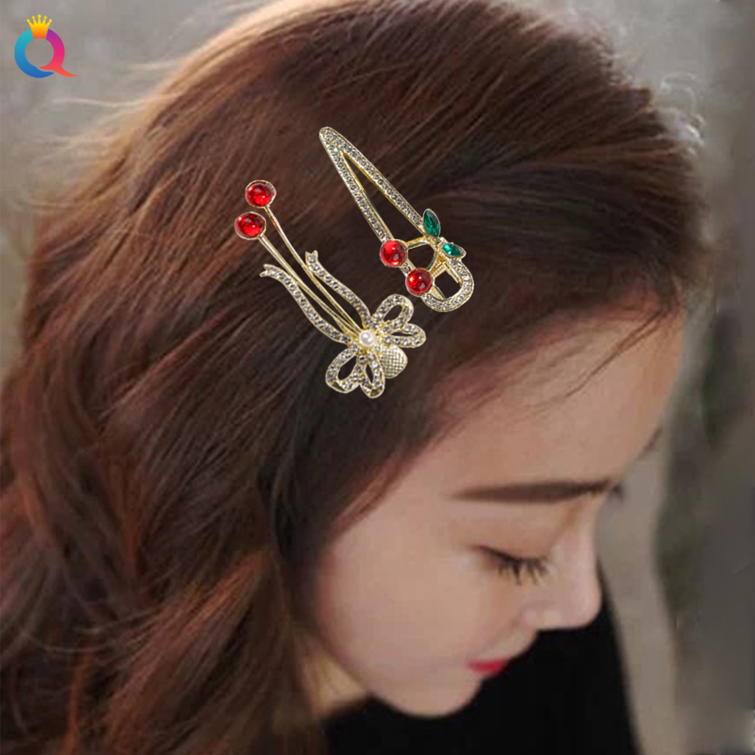 The new cute cherry hair clips from Qiyue, including the top clip at the back of the head, the exquisite bangs clip, the side clip for women, and the duckbill clip details Picture