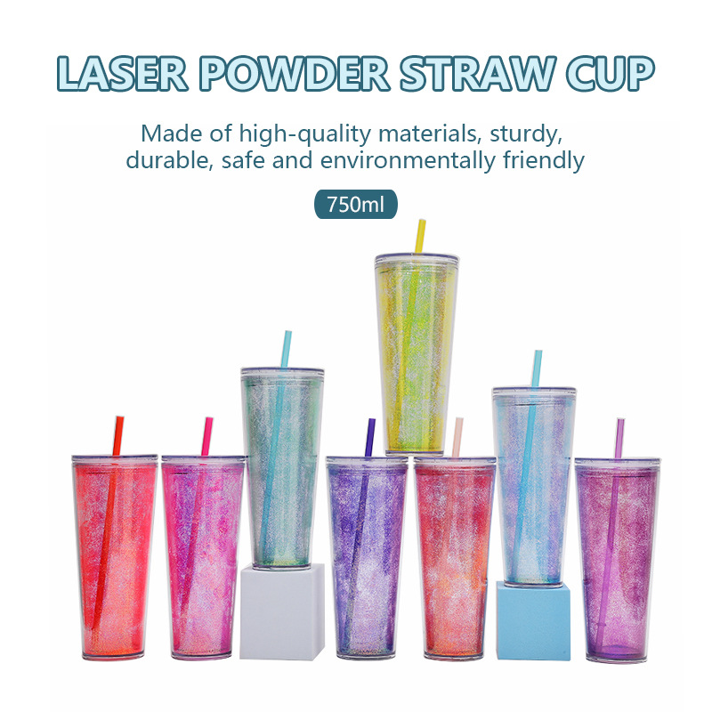 Cross-border Amazon factory direct supply large-capacity straw cups, ins European and American water cups, shining laser powder plastic cups details Picture
