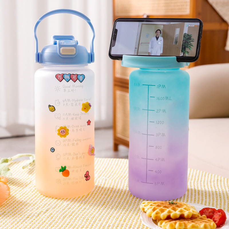 Customized large-capacity plastic water cups and frosted double-drinking cups for summer outdoor creative sports water bottles for internet-famous students details Picture