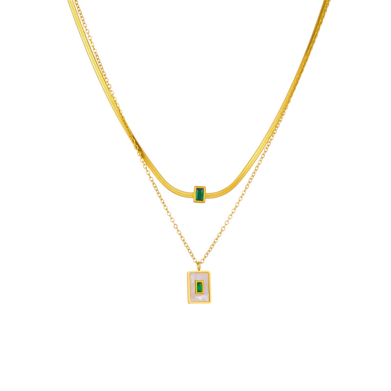 European and American fashion niche design double-layer chain, green rhinestone inlaid square pendant accessory necklace Item Picture