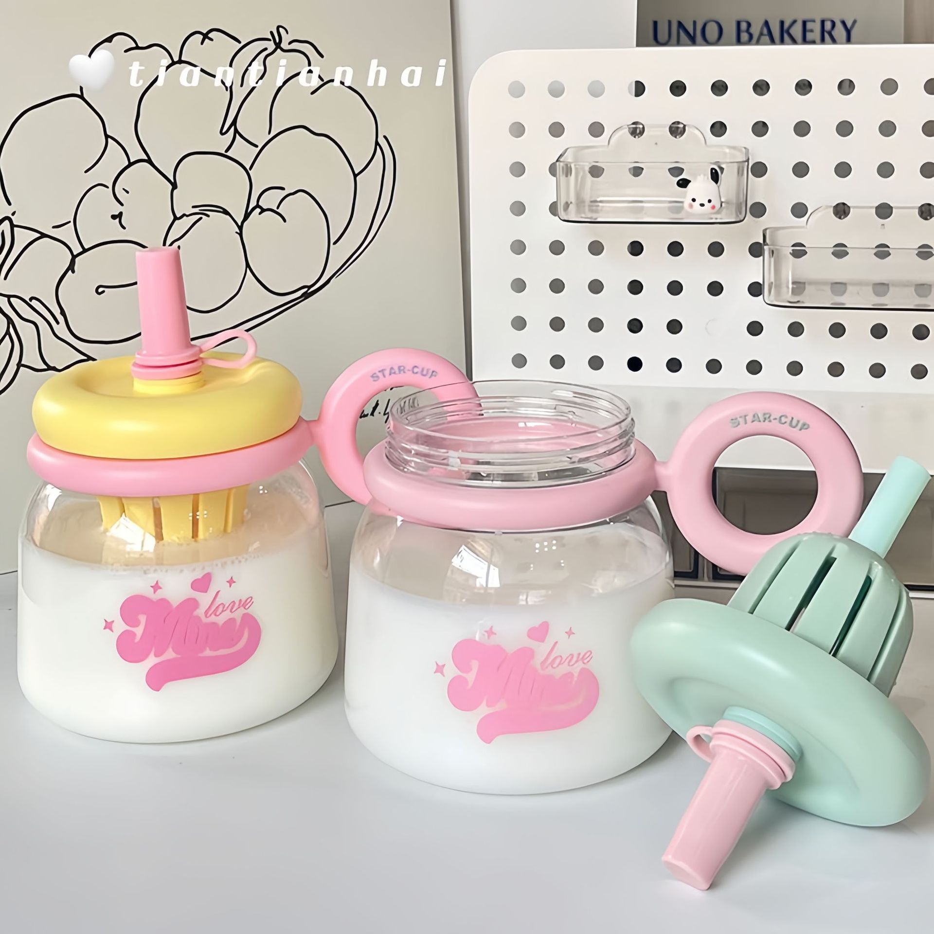 New office water cup with a filter, tea-water separation straw cup, large capacity, big belly and handle, plastic cup Specification drawing