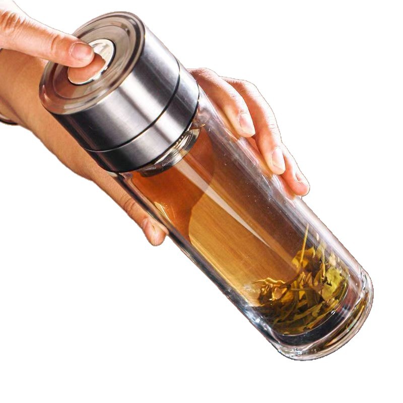 Wholesale of double-layer high borosilicate glass cups with one-click lid opening, men's quick-opening cups, portable gift cups for car tea-water separation Item Picture