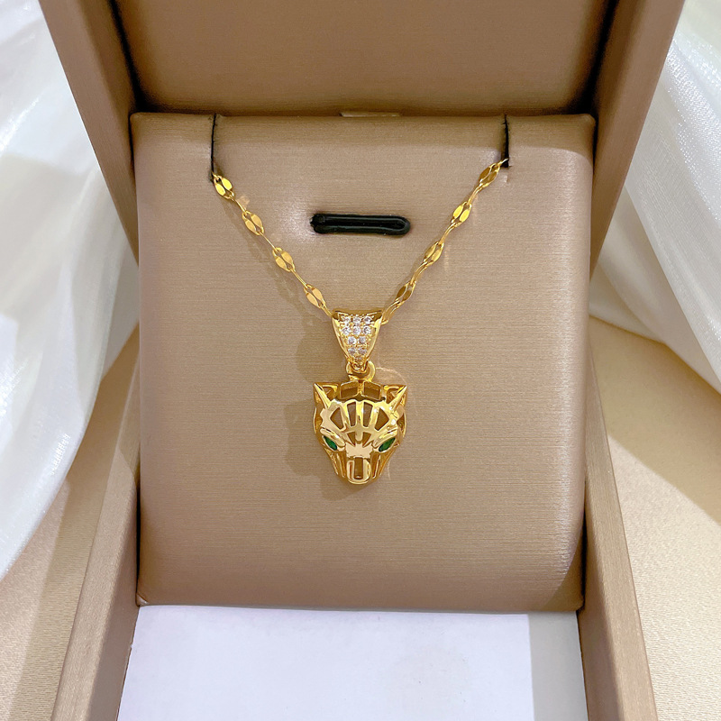 【 Titanium Steel 】 Perforated leopard head Light Luxury Cross-border Banquet and wedding necklace, versatile collarbone chain for female Internet celebrities, titanium steel chain full figure