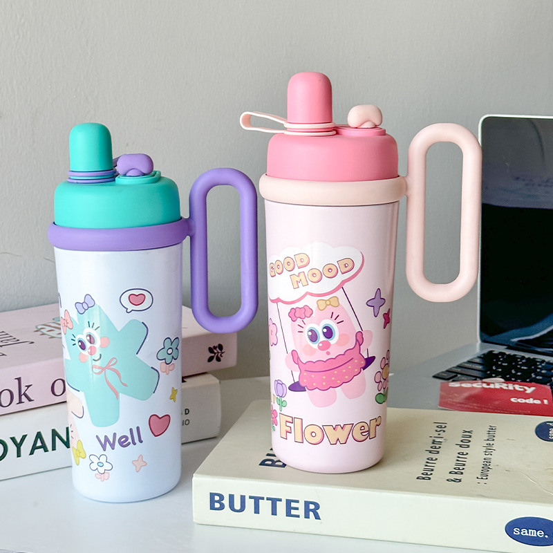 Giant insulated cup cartoon doll, high appearance level for girls, straw cup, portable student with handle, double drinking cup details Picture