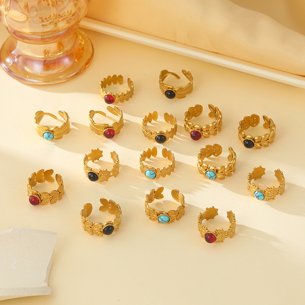 French retro flower multi-color stone jewelry design, exquisite and versatile design, open stainless steel ring for women full figure