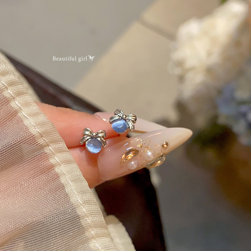 Autumn cat's eye stone blue bow small stud earrings, women's niche design, high-end, sweet and elegant earrings and earrings Specification drawing