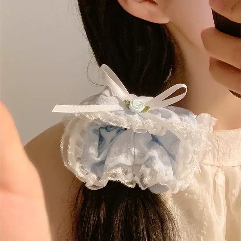 Sea Salt Girl ~ Blue bow lace large intestine hair band, a high-end Korean-style sweet flower hair tie accessory Application Scenario