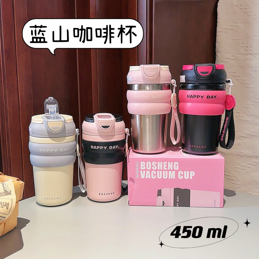 New girls' Blue Mountain coffee cup, simple and popular thermos cup, double-drinking with straw, fashionable water cup gift for men and women details Picture