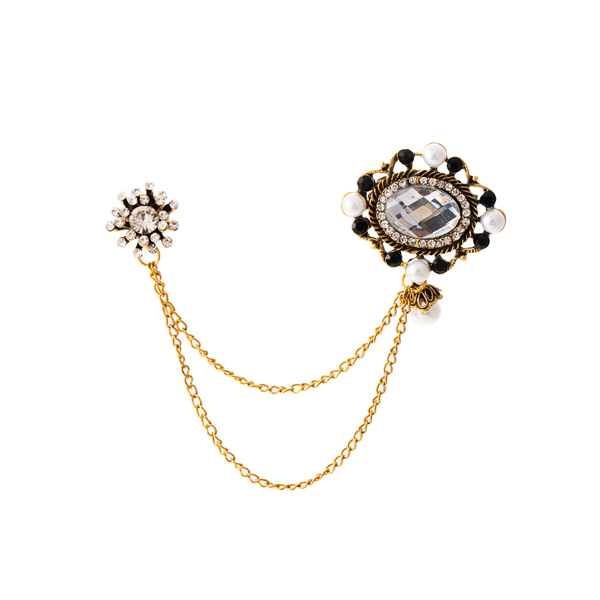 European and American retro British style pearl brooch, fashionable men's suit accessories, gemstone chain, diamond-encrusted firework brooch Item Picture