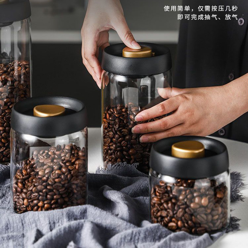 Manual vacuum moisture-proof storage jar for coffee, kitchen high borosilicate glass tea canister, coffee bean storage sealed jar details Picture