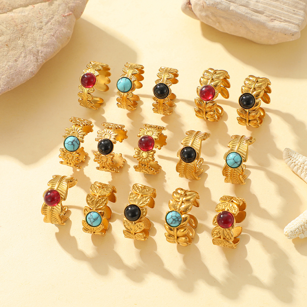 French retro flower multi-color stone jewelry design, exquisite and versatile design, open stainless steel ring for women details Picture