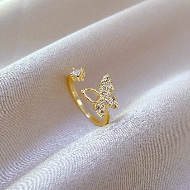【 Real Gold 】 Hollow butterfly Full diamond ring with adjustable opening, simple Japanese-style ring couple rings Item Picture