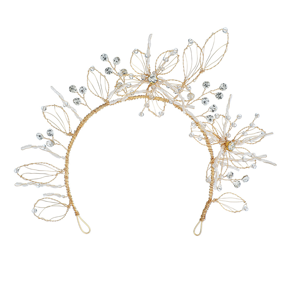 Mianino's new creative bridal headwear, simple and versatile headband, handcrafted diamond-encrusted golden flower headband wholesale Item Picture