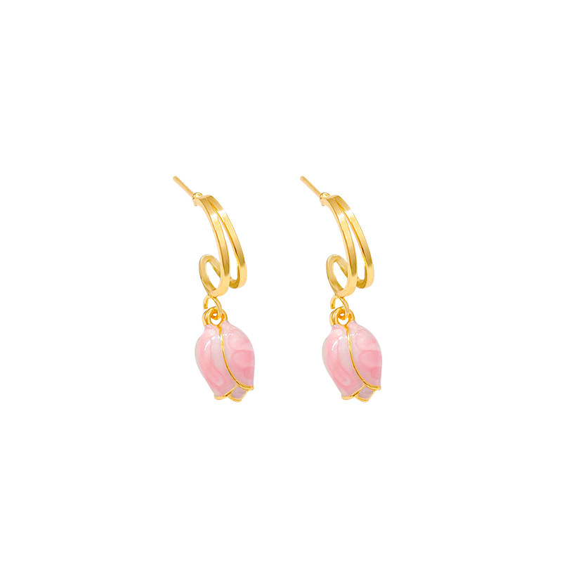 The pink tulip stud earrings with oil dripping are a new bestseller for women in 2024. They exude a sense of high-end elegance and are sweet and trendy earrings Item Picture