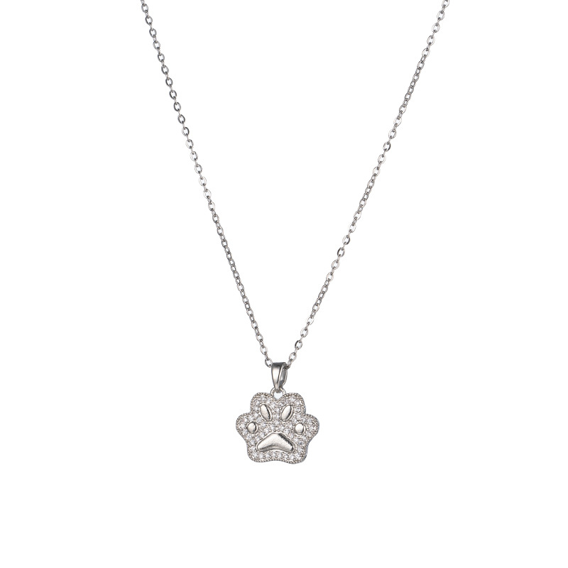 Korean version silver simple cat paw pendant titanium steel necklace, women's exquisite zircon full diamond collarbone chain, niche accessories wholesale Item Picture