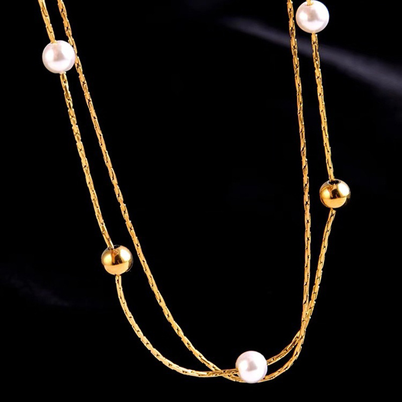 European and American fashion, niche and unique double-layer chain imitation pearl round bead titanium steel stacked accessory collarbone necklace details Picture