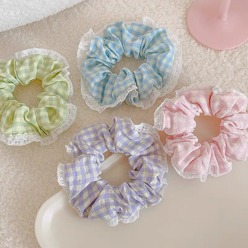 2025 New sweet checkered large intestine hair band, high-end lace-trimmed headband, Korean version rainbow-colored leather band hair accessory full figure