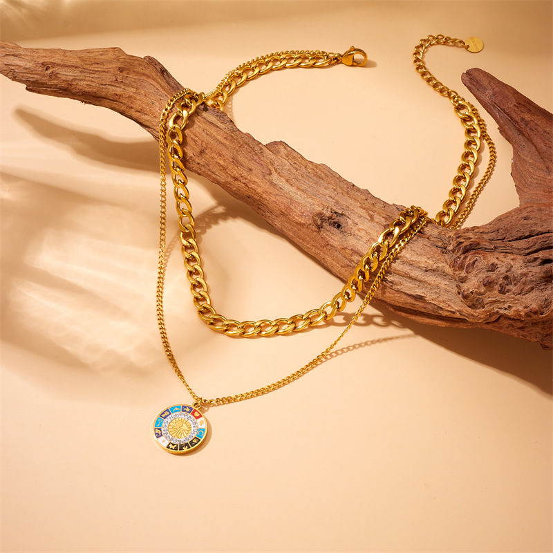 European and American cross-border gold-plated stainless steel round plate oil-drip printed pattern pendant chain double-layer stacked personalized necklace details Picture