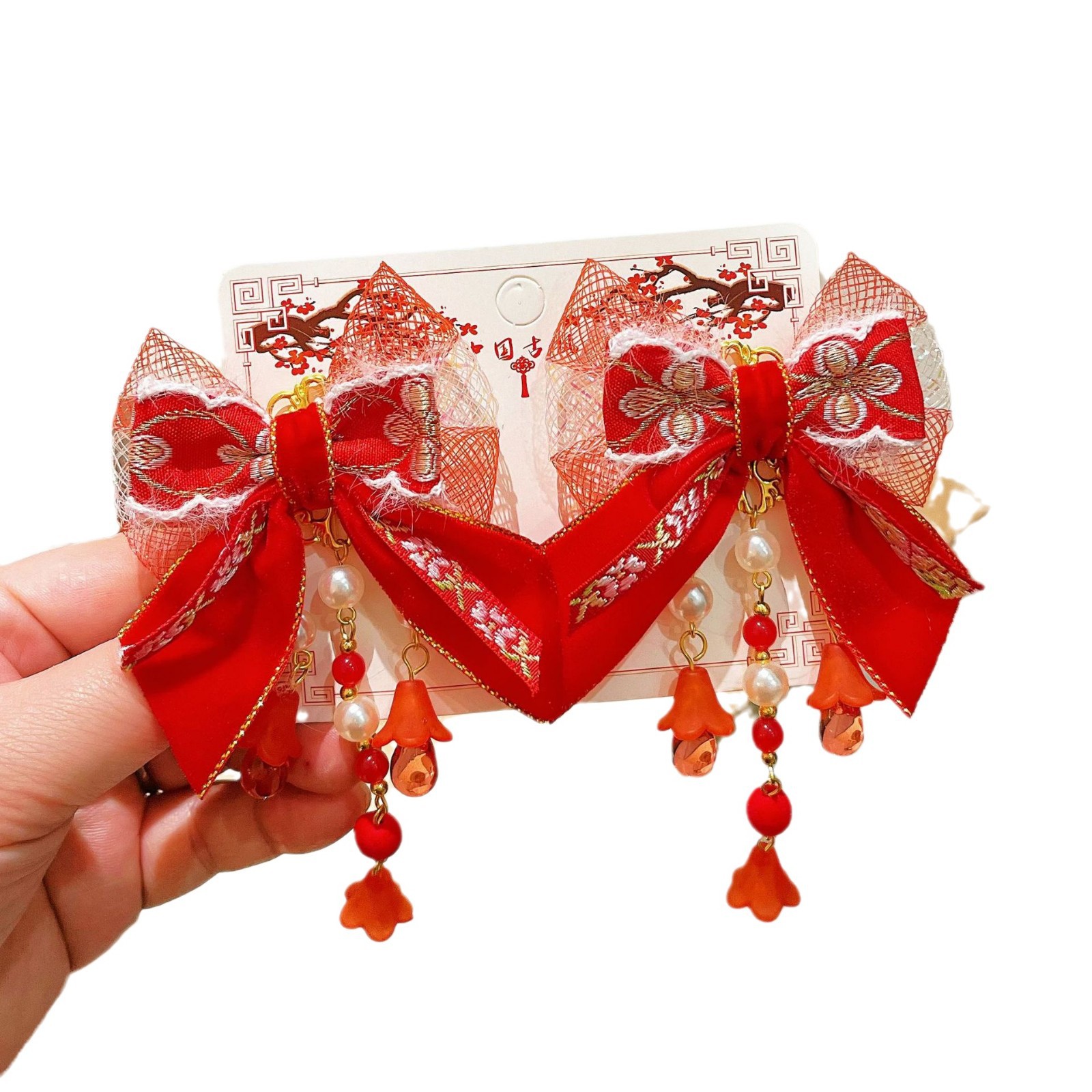 Children's New Year bow pairs, Chinese-style Hanfu headwear, festive ancient-style New Year hairpins, girls' tassel hair accessories Item Picture