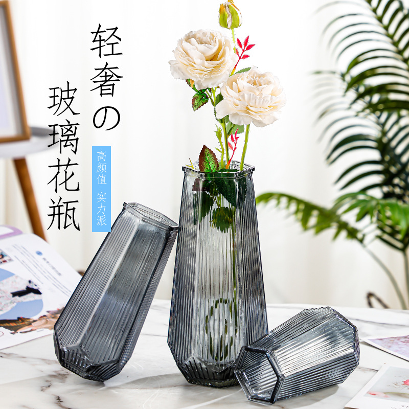 Nordic light luxury vase, transparent glass living room decoration, flower arrangement, household dry vase, simple ins style decorative vase full figure