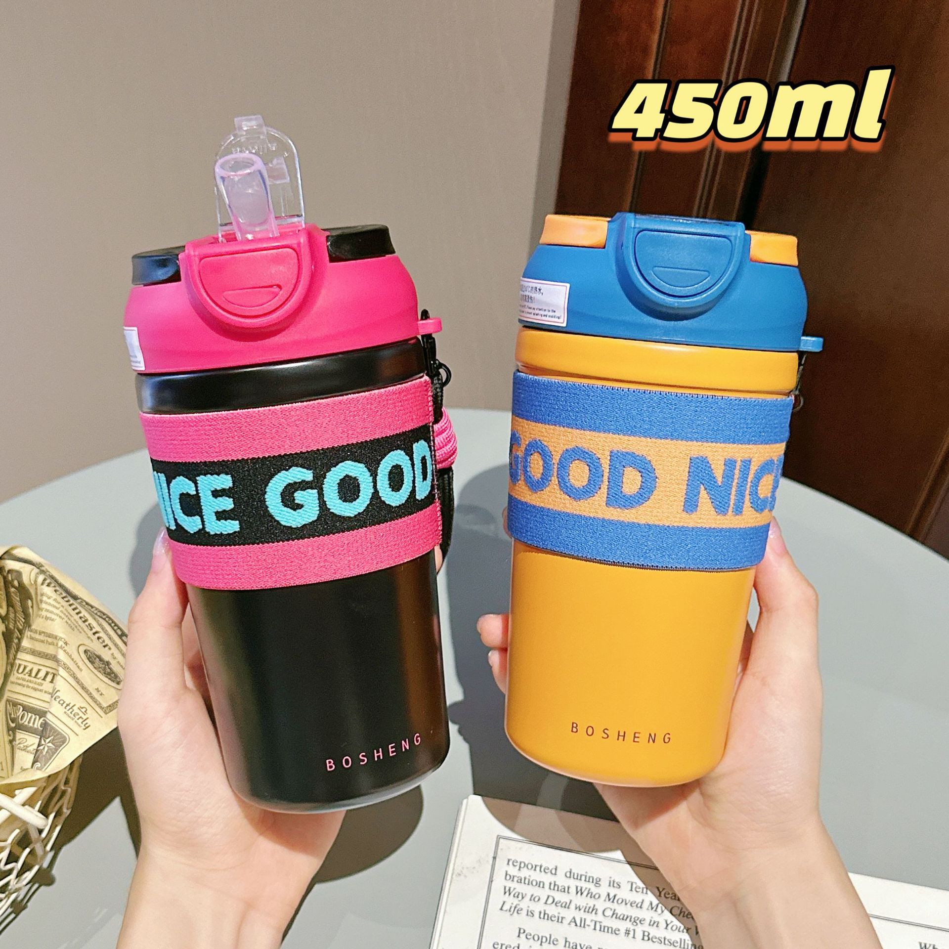 Fashionable new double-drink coffee cup, office essential straw water cup, portable leak-proof, high appearance level stainless steel insulated cup Specification drawing