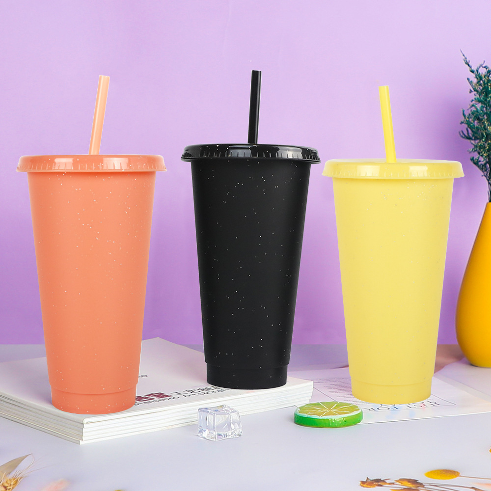 Factory direct supply single-layer glitter straw cups, creative high appearance level beverage fruit tea glitter cups, solid color plastic water cups details Picture