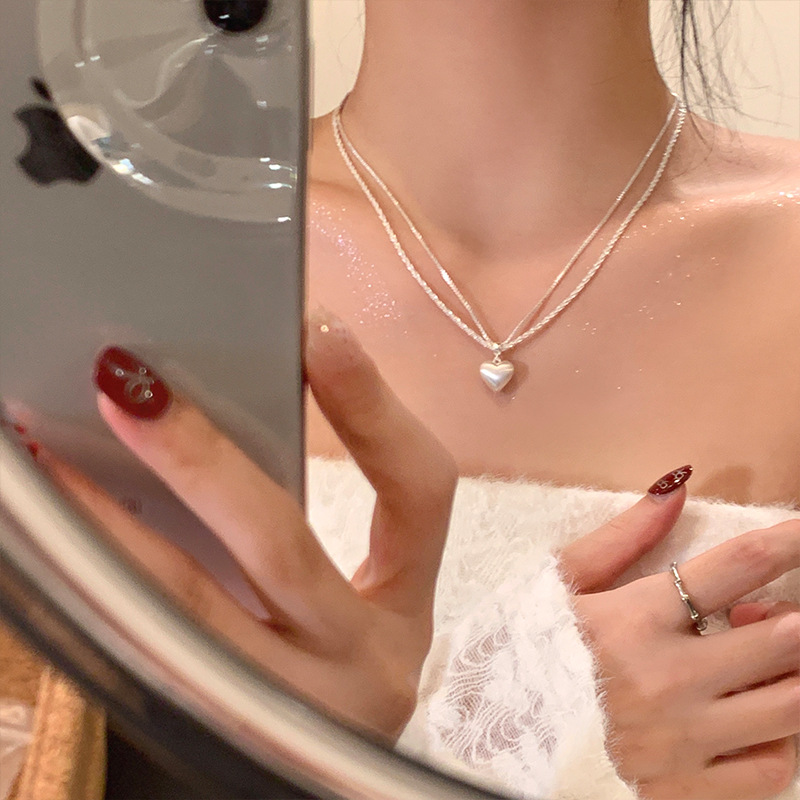 Double-layer brushed heart-shaped pendant necklace, a high-end, light luxury and niche style for women, exquisite and versatile collarbone chain for summer Specification drawing