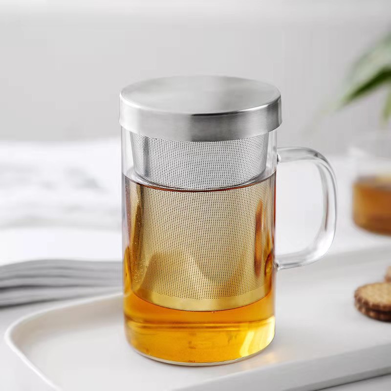 Thickened filter screen high borosilicate glass water cup, tea-water separation tea cup with handle, office tea cup details Picture