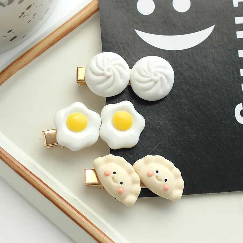 Dumpling, steamed bun, fried egg, hair clip, realistic food, personalized bangs, side clip, funny broken hair clip Specification drawing