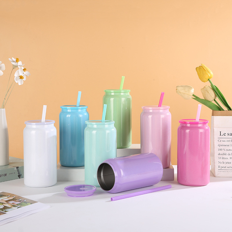 Cross-border 304 insulated cup 16OZ high appearance level Mason can straw water cup, simple heat and cold preservation, colorful aluminum can full figure
