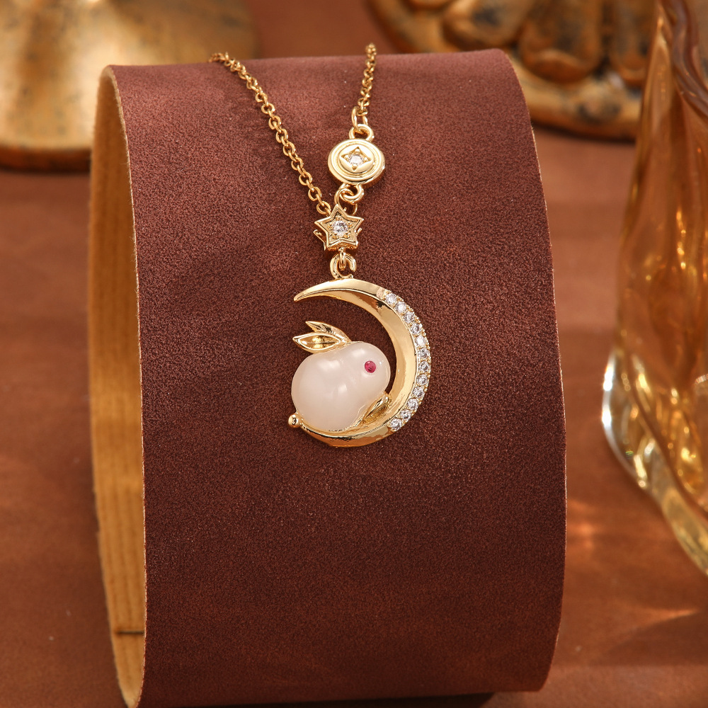 New light luxury copper micro-inlaid zircon necklace for women, fashionable moon rabbit butterfly pendant, elegant and versatile collarbone chain accessory Specification drawing